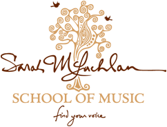 Logo of Sarah McLachlan School of music with tree and birds. Text reads Sarah McLachlan School of Music. Find Your Voice